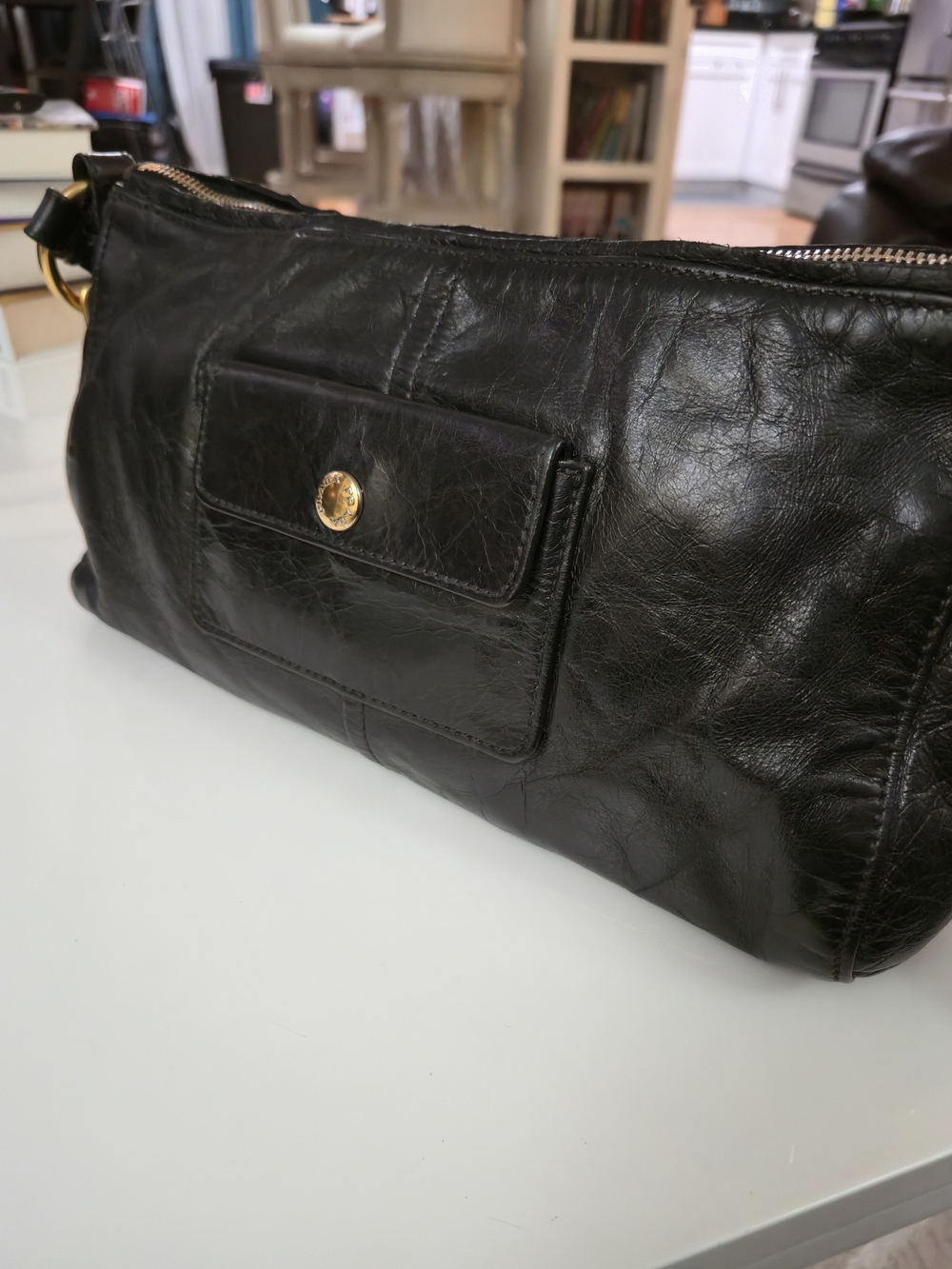 PRADA Dark Blue/Black Leather Shoulder Bag with Gold Hardware - Picture 5 of 17